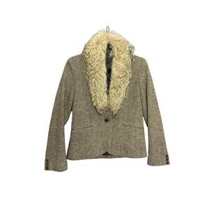 Theory Removable Fox Fur Collar Light Brown Wool Blazer Jacket SZ 4 Small Chic